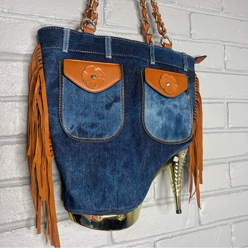 Denim & Fringe Stiletto Heel with Rhinestones Women's Handbag - Picture 4 of 16